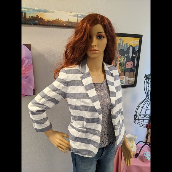 Banana Republic Gray/White Stripe Blazer Size 2 Petite - Picture 5 of 7